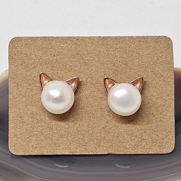925 Sterling Silver Vermeil Button Pearl Pierced Cat Earrings Studs Rose Gold - Picture 8 of 12